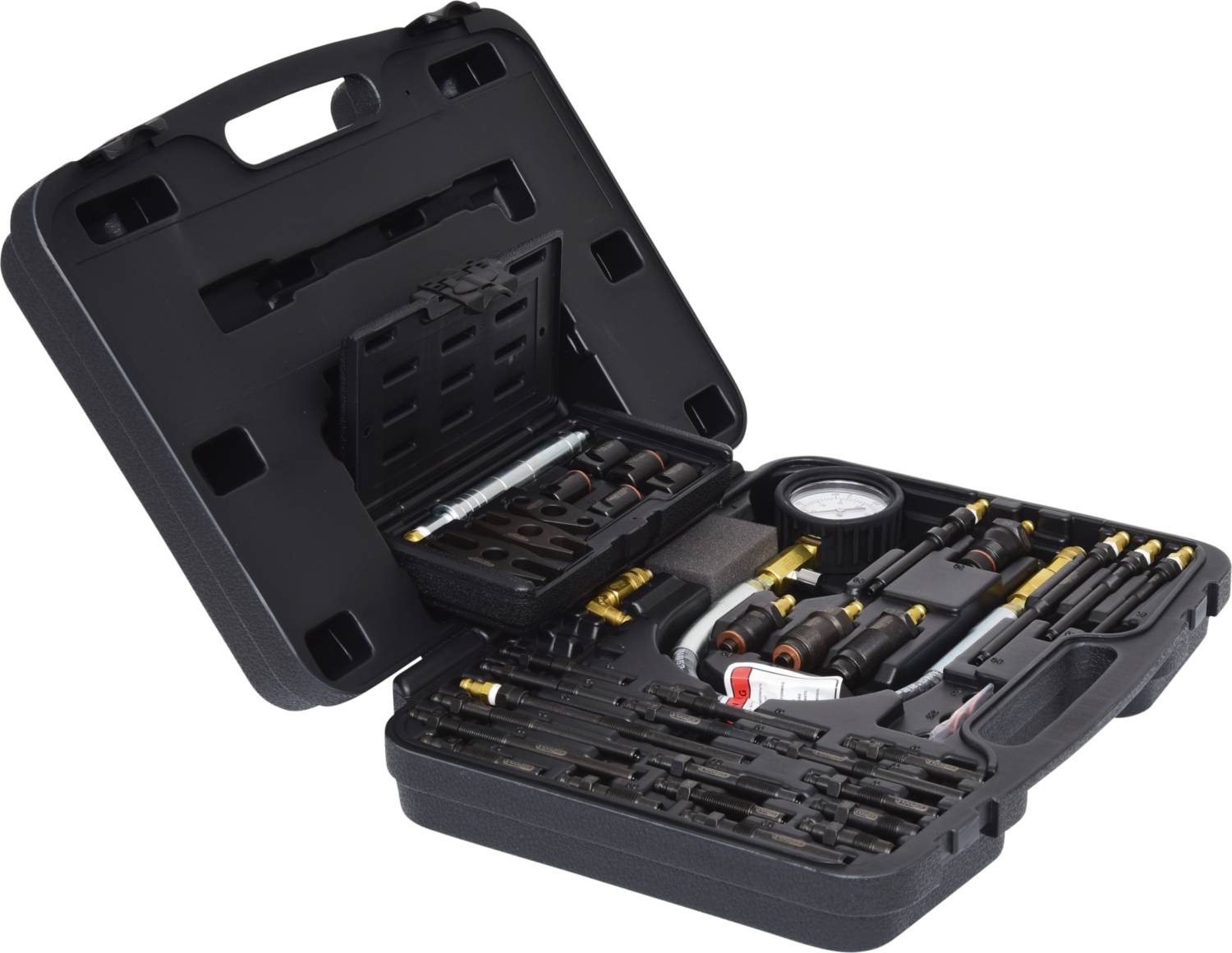 Une boîte à outils noire avec un couvercle ouvert, contenant divers outils de réparation tels que des tuyaux, des valves et des manomètres.