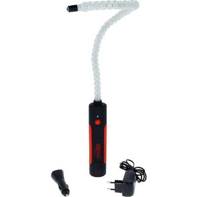 Lampe de travail LED portable avec col flexible, poignée rouge, adaptateur pour voiture et chargeur secteur. Idéale pour un éclairage précis dans des environnements difficiles.