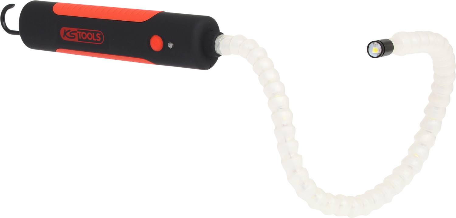 Une lampe d'inspection flexible avec une poignée rouge et noire, reliée à un bras lumineux blanc et flexible.