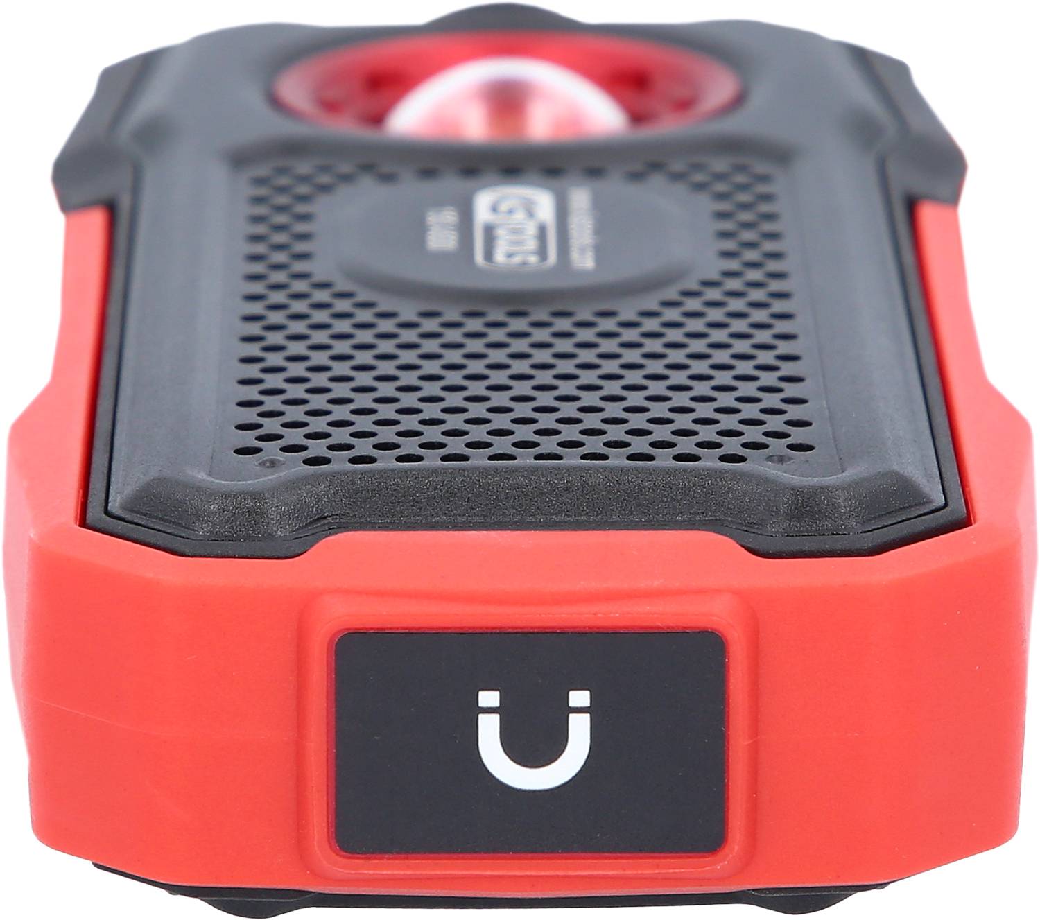 Appareil portable rouge et noir avec un aimant à sa base, adapté pour une fixation sur des surfaces métalliques.