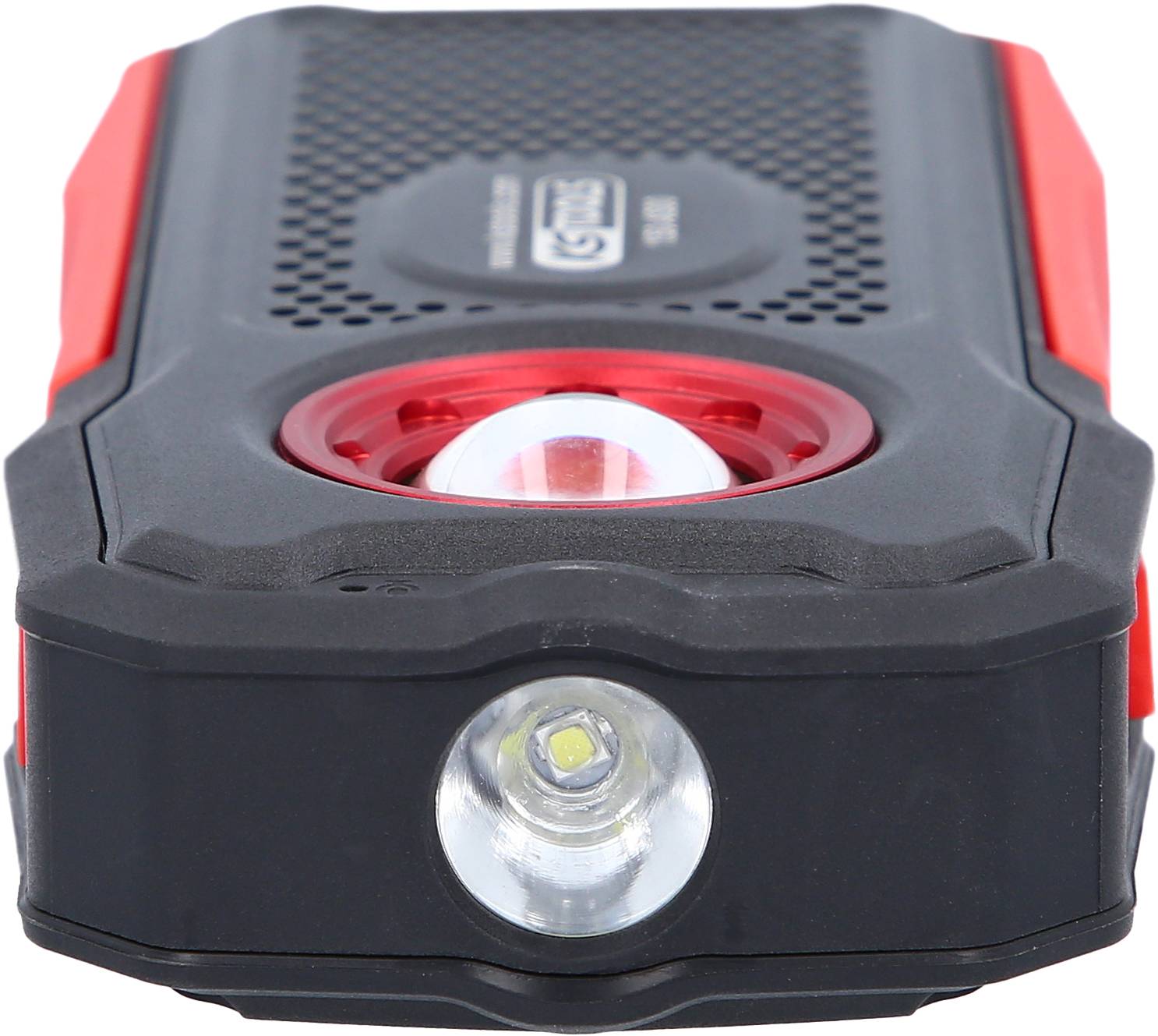 Lampe de poche portable noir et rouge avec un éclairage LED sur un côté. Semble robuste, potentiellement adaptée aux activités de plein air.