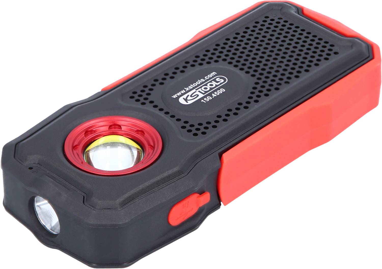 Projecteur de travail LED portable avec boîtier rouge et noir, adapté aux ateliers ou aux travaux artisanaux.
