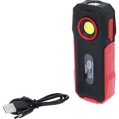 Lampe LED portable avec boîtier rouge et noir, câble de chargement USB à côté. Idéale pour un éclairage mobile.