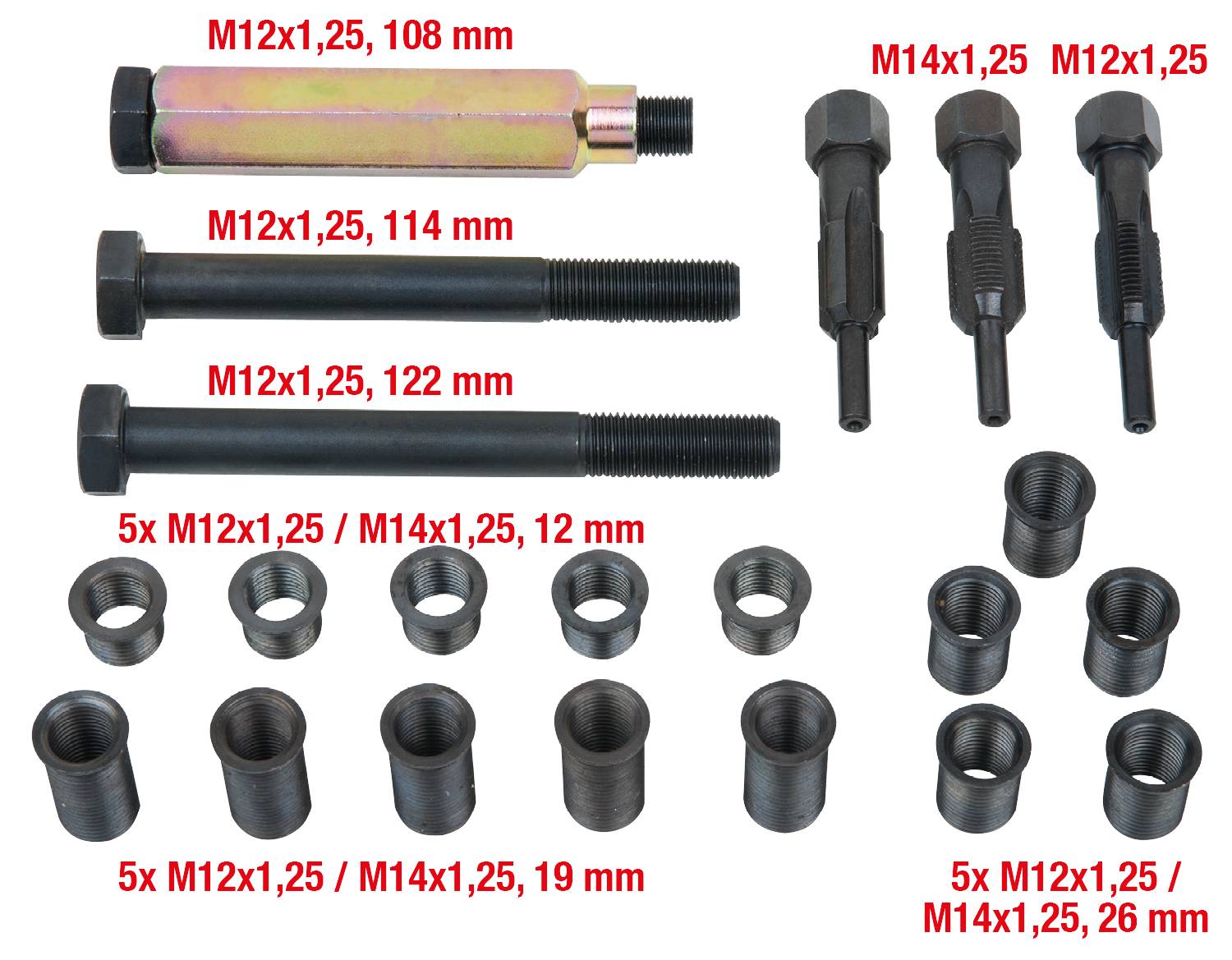 Différents boulons et douilles métalliques avec indications des dimensions de filetage et de longueur. Présente des boulons M12 et M14 de différentes tailles.