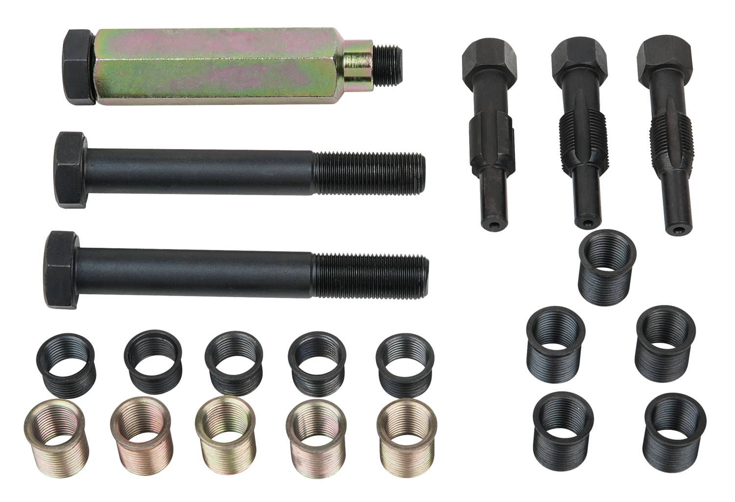 Divers outils et pièces métalliques, y compris des boulons filetés et des douilles, disposés sur un fond blanc.