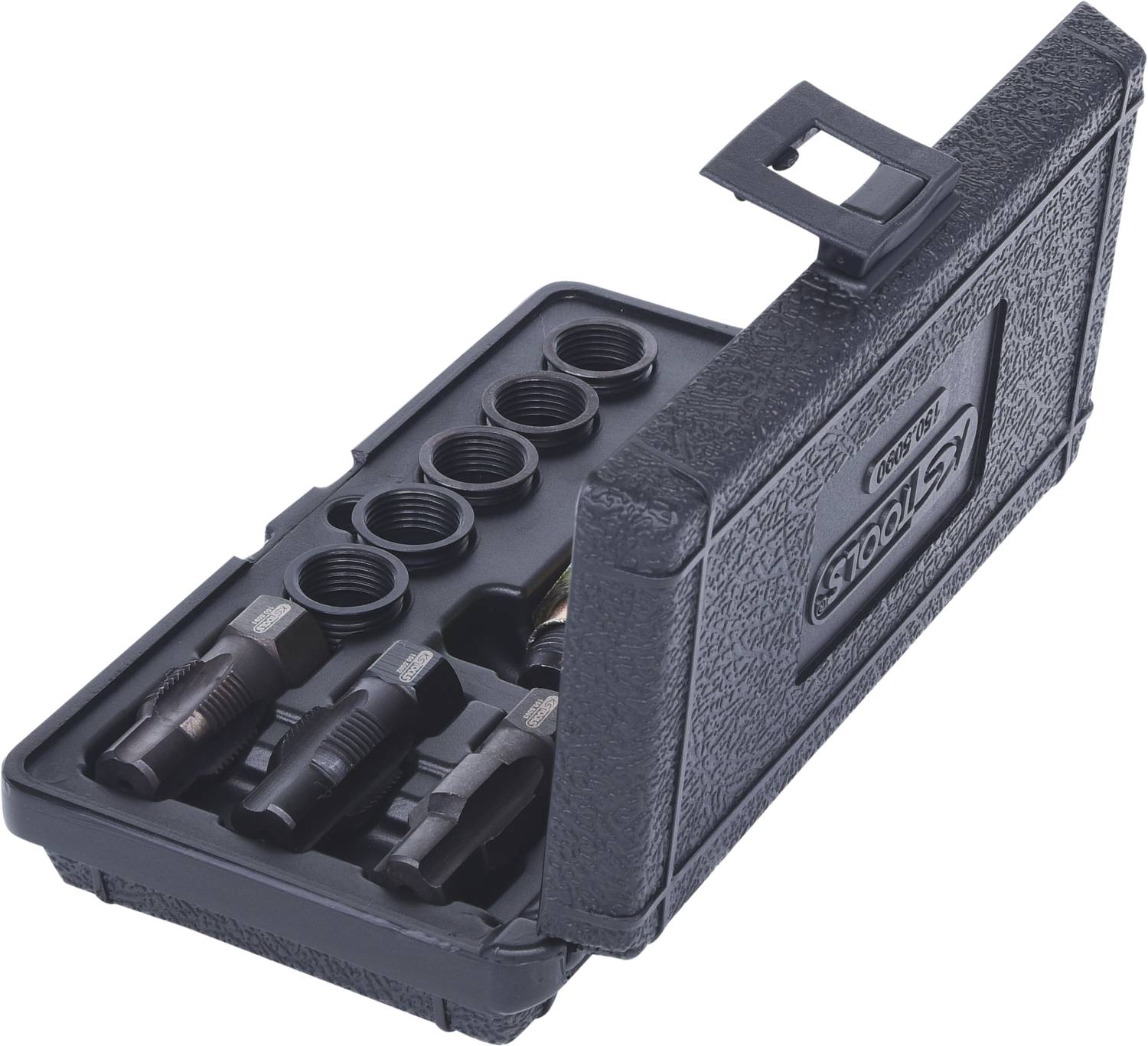 Boîte à outils noire avec tournevis de différentes tailles. La boîte est ouverte et montre six emplacements.
