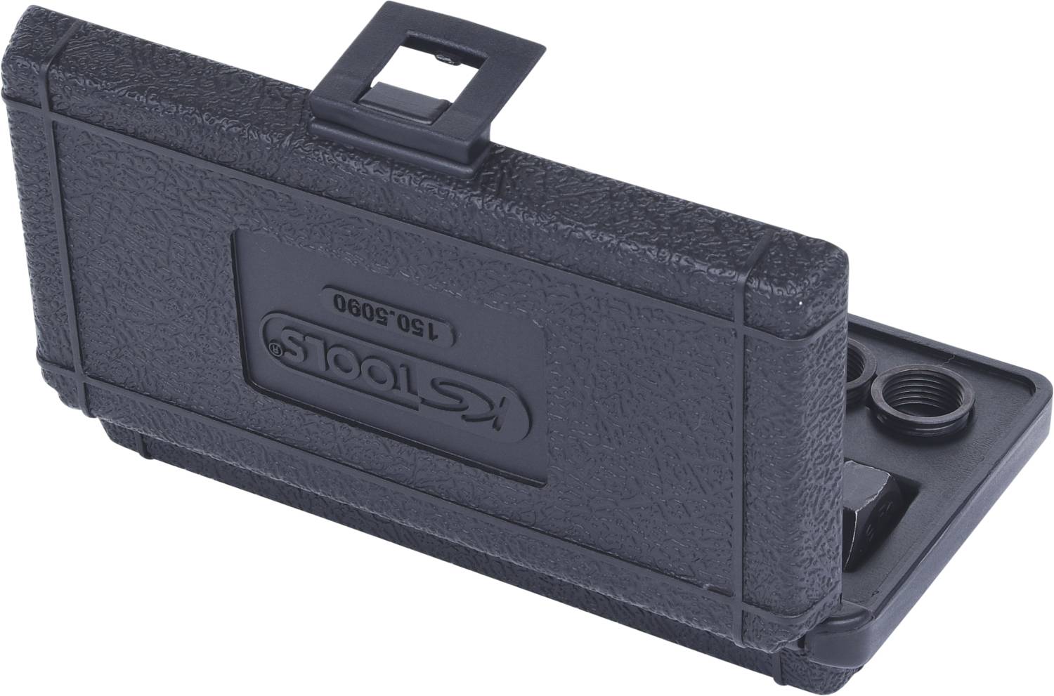 Un boîtier noir en plastique avec charnière et fermoir à clips. Il contient des outils ou des accessoires.