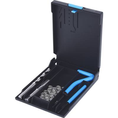 Un ensemble de valise ouverte contenant des outils bleus à poignée, des forets métalliques et des chevilles à vis. Conçu pour les réparations ou les travaux d'assemblage.
