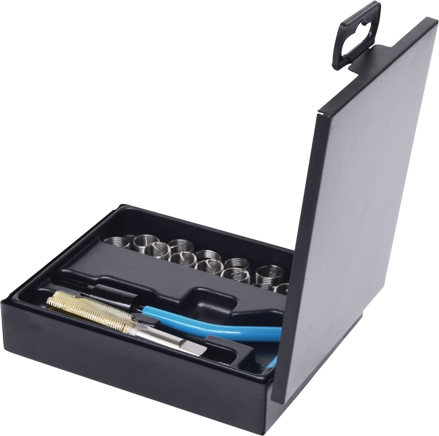 Un étui noir ouvert contenant divers inserts filetés métalliques et un outil bleu. Idéal pour la réparation de filetages.