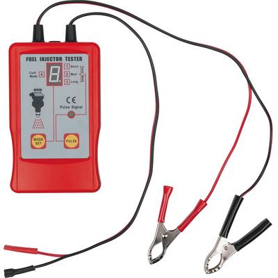 Appareil rouge pour tester les injecteurs avec écran et sélection de mode. Deux pinces crocodile sont installées.