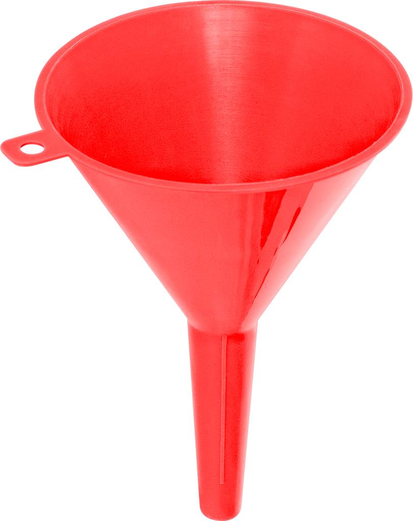 Entonnoir en plastique rouge avec long bec et support latéral pour un versement facile des liquides.