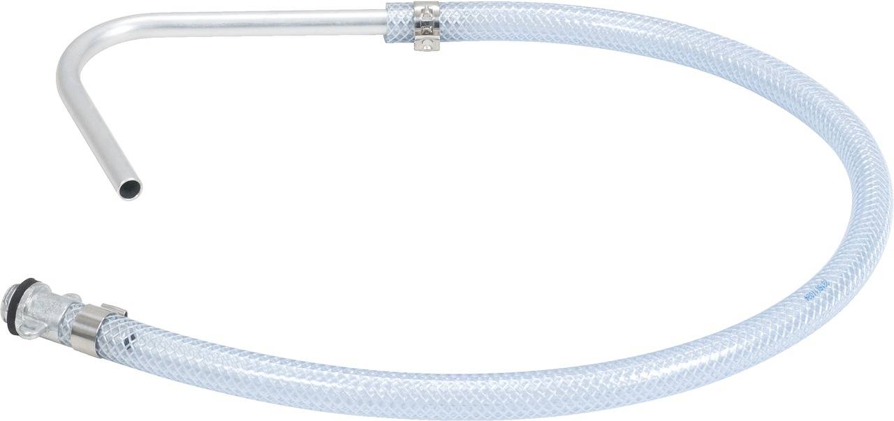 Un tuyau en plastique transparent avec une buse métallique à une extrémité et un raccord à l'autre extrémité, adapté pour le transfert de liquides.