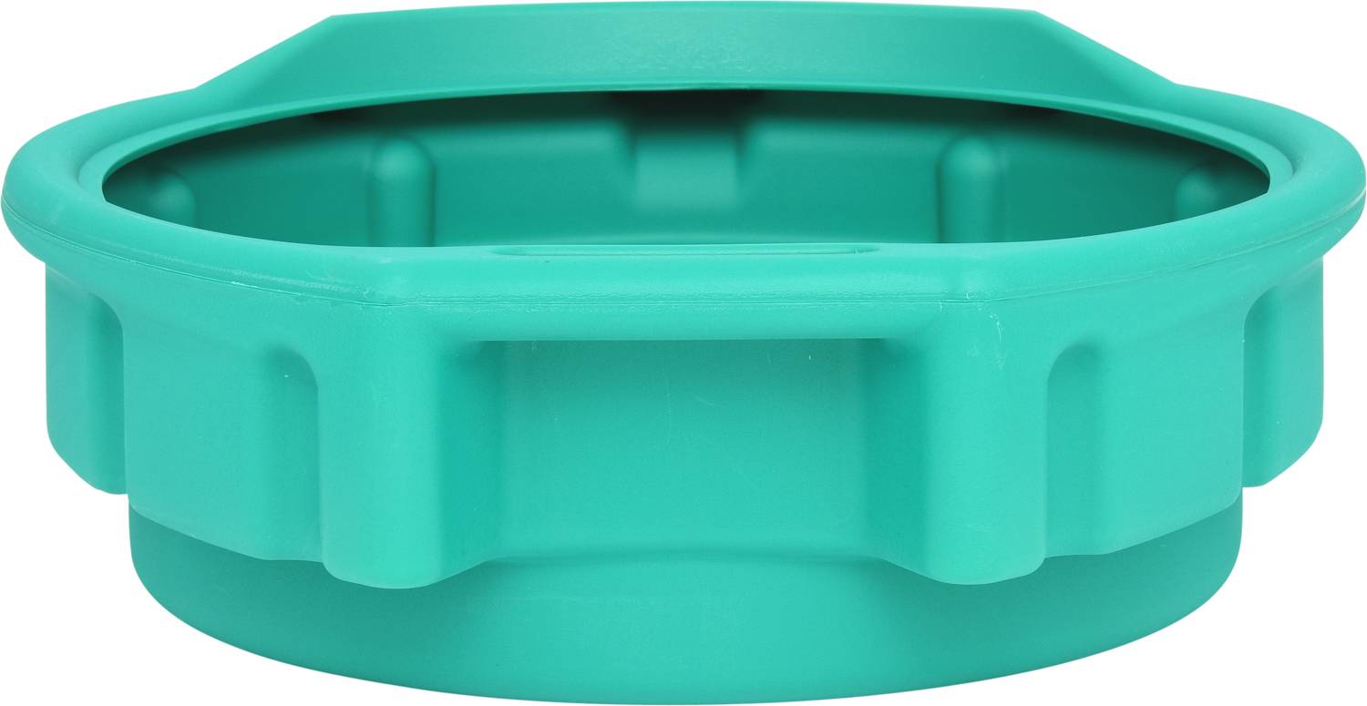 Un couvercle en plastique turquoise, rond, avec un bord surélevé et des encoches de préhension, adapté pour fermer des contenants.