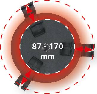 Un objet rond et ajustable de dimensions '87-170 mm', entouré d'un cercle rouge pointillé et de trois clips noirs.