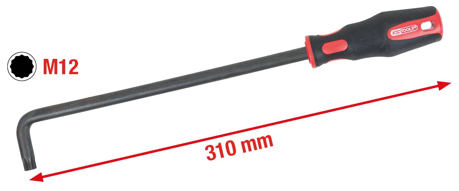 Clé à angle à tige noire et poignée rouge. Longueur 310 mm, taille adaptée M12, outil pour le travail des vis.