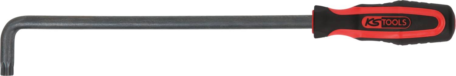 Un tournevis d'angle avec une poignée ergonomique noir et rouge, adapté pour les vis difficiles d'accès.