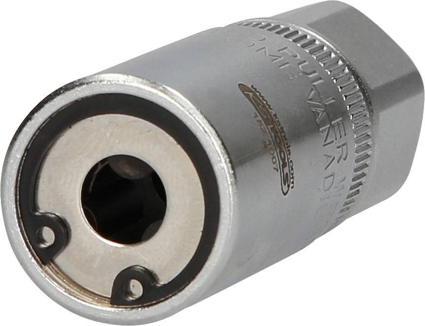 Un adaptateur de clé à douille argenté avec une ouverture circulaire et deux points de fixation, utilisé pour les assemblages vissés.