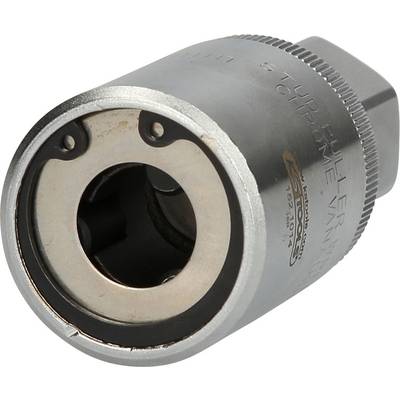 Un embout de clé à douille argenté avec une ouverture circulaire et un bord antidérapant, adapté aux réparations mécaniques et aux travaux de maintenance.