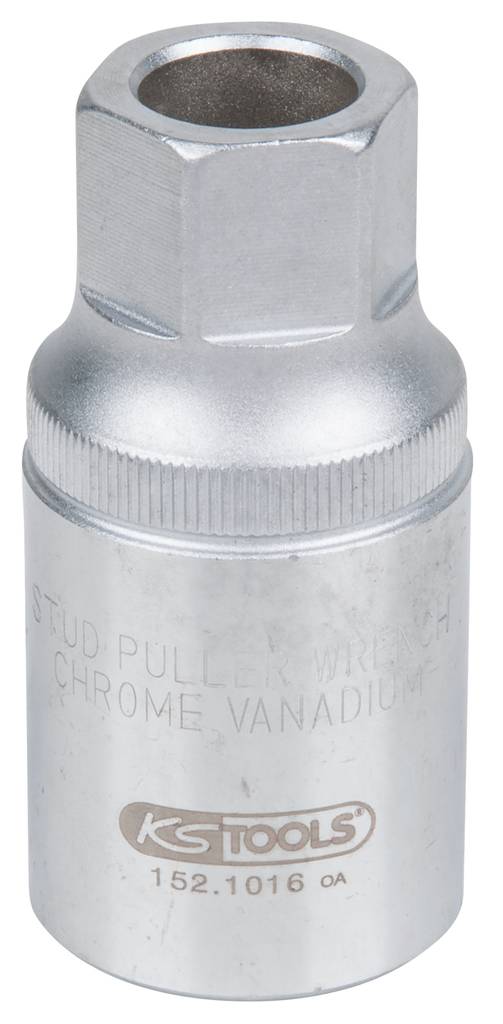 Une noix d'assemblage argentée gravée 'STUD PULLER WRENCH CHROME VANADIUM' portant la marque 'KS TOOLS 152.1016 OA'.