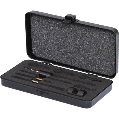 Un ensemble d'outils dans un coffret noir ouvert, contenant divers forets et embouts disposés sur des supports en mousse.