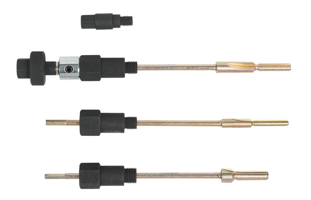 Plusieurs outils spécialisés avec des poignées noires et des tiges métalliques sont disposés en parallèle.