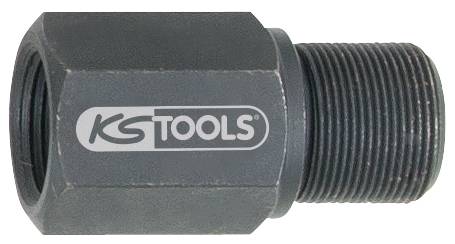 Adaptateur métallique avec boîtier hexagonal et un filetage externe d'un côté. Logo 'KS Tools' sur le boîtier.