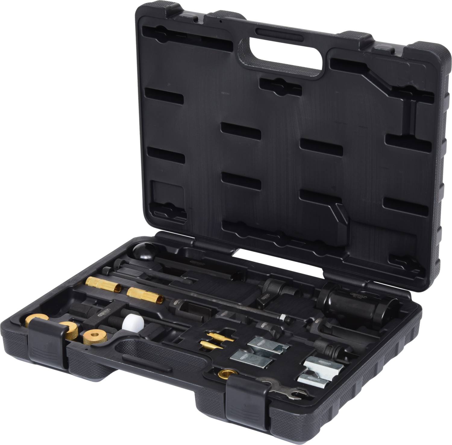 Une valise à outils ouverte avec divers outils manuels et accessoires, soigneusement rangés dans des compartiments.