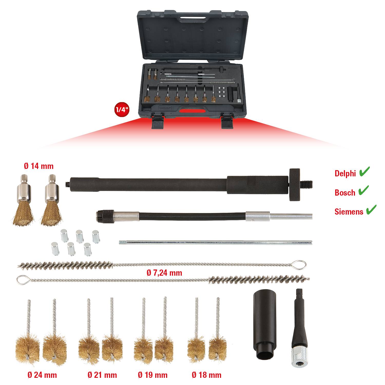 'Ensemble d'outils et de brosses pour le nettoyage des injecteurs, avec indications de tailles et compatibilités de marques.'