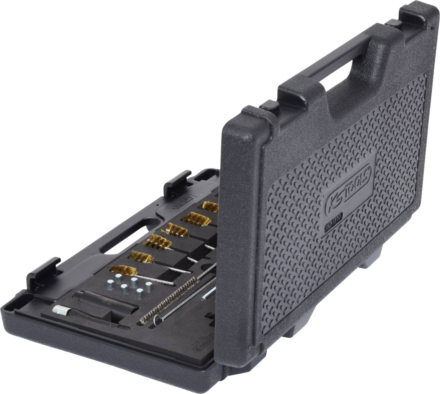 Coffret à outils noir ouvert avec différents embouts de forage et mèches, organisés dans des compartiments adaptés.