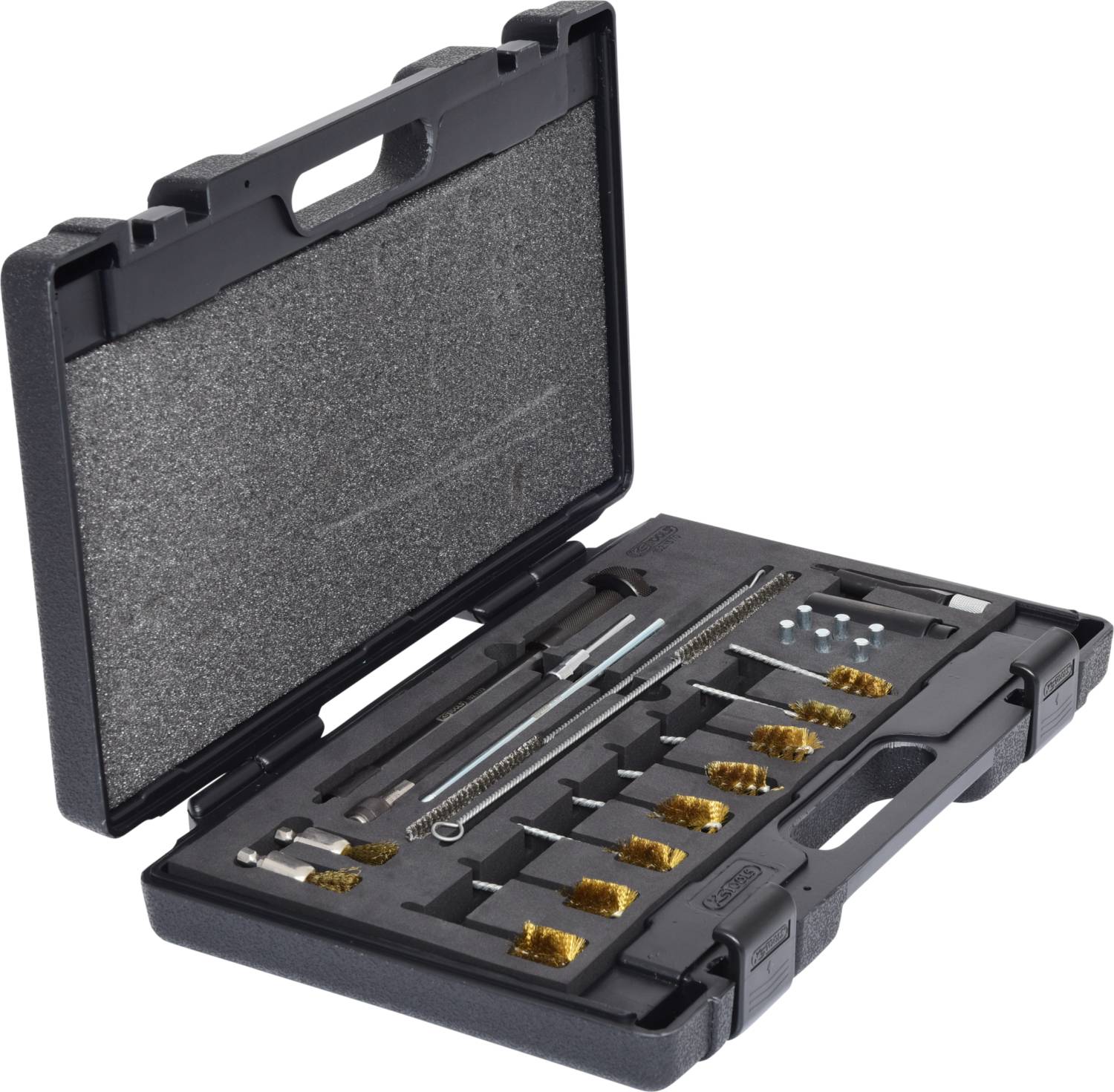 Une boîte à outils noire ouverte contenant divers pinceaux et outils métalliques, disposés sur des insertions en mousse.