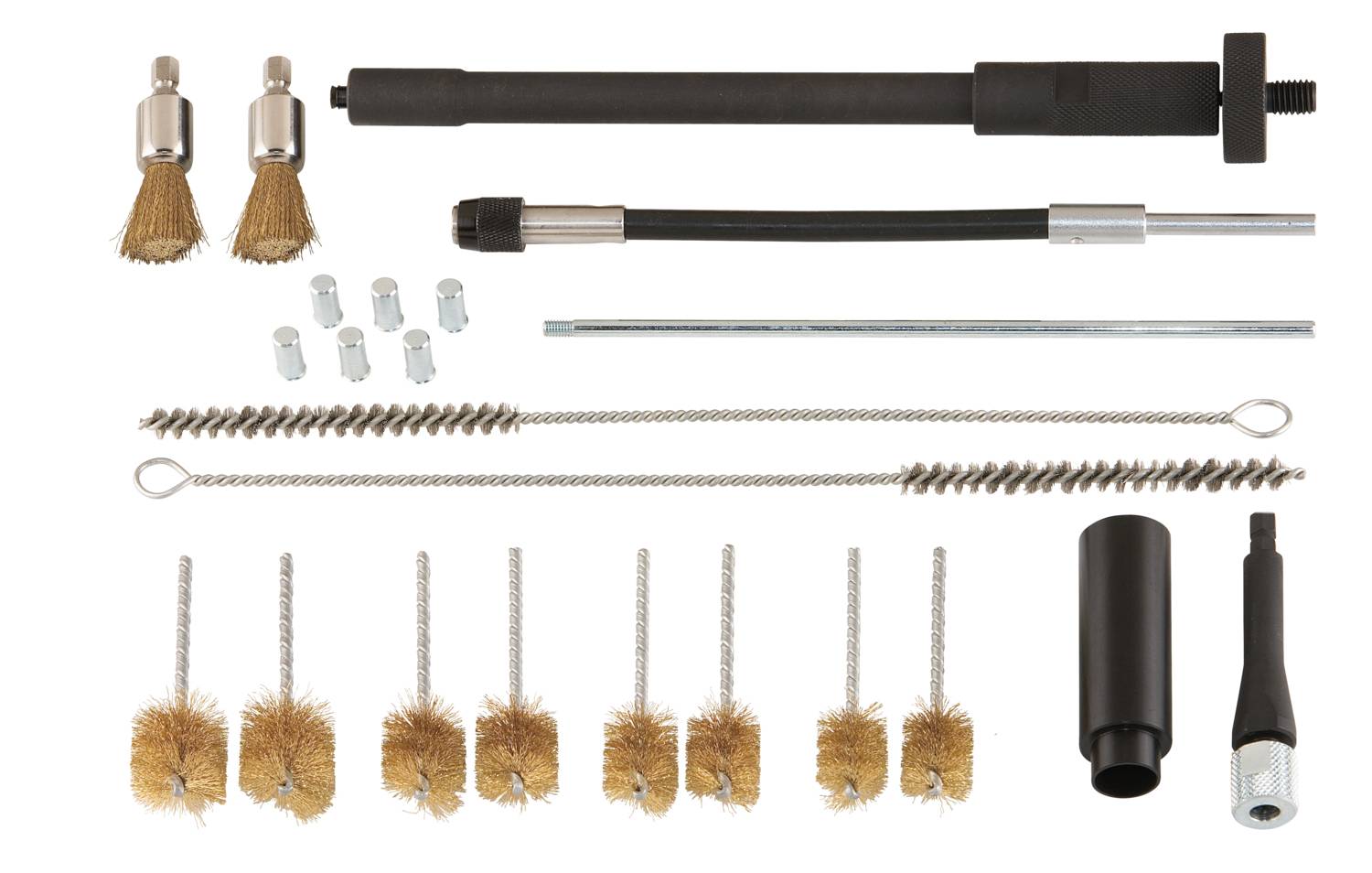 Différents brosses de nettoyage et accessoires en métal et en plastique, disposés de manière organisée.