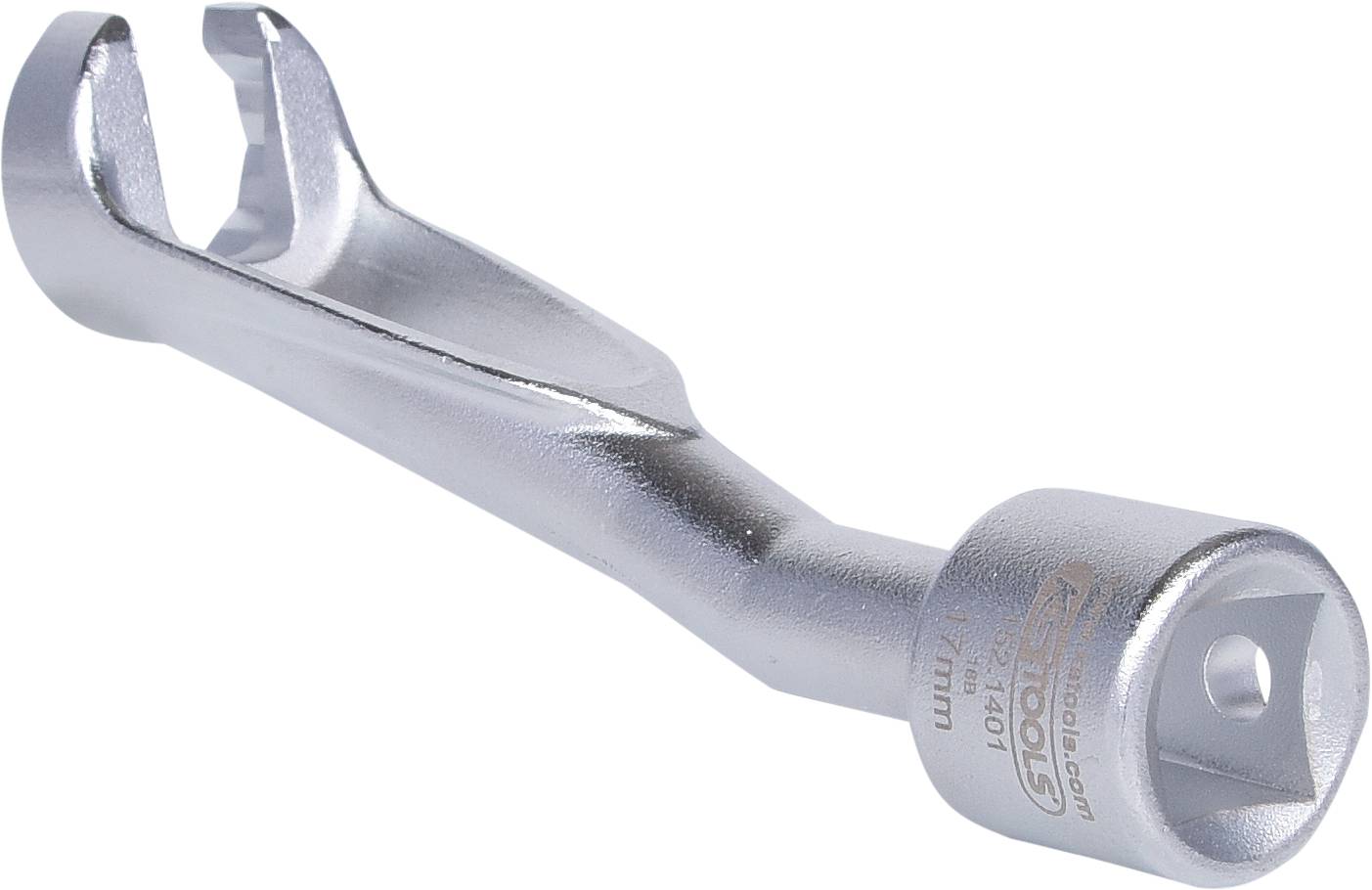 Clé à fourche en métal avec connexion carrée pour douilles, de couleur argent.