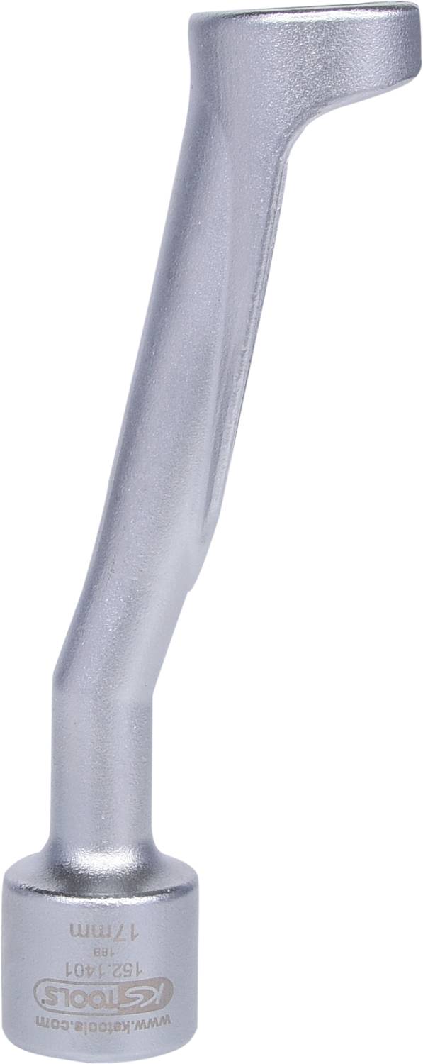 Une clé polygonale en métal argenté avec un embout hexagonal de 17 mm, adaptée au desserrage et au serrage des vis.