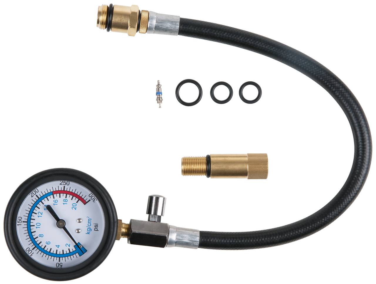 Appareil de mesure de la tension artérielle avec manomètre, tube, adaptateur et joints d'étanchéité. Affichage des mesures en bar et PSI, utilisé pour la surveillance de la pression.