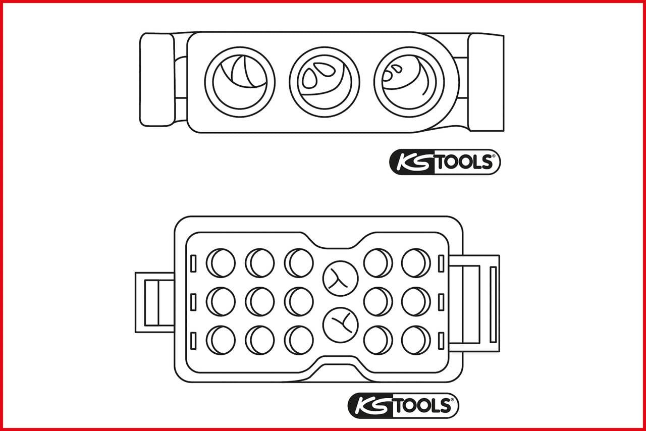 En haut : Dessin d'une clé à ergots avec trois ouvertures. En bas : Vue détaillée de l'intérieur avec plusieurs trous circulaires. Marqué 'KS TOOLS'.