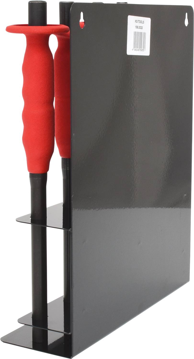 Deux raquettes rouges sont placées verticalement dans un support noir fixé au mur.