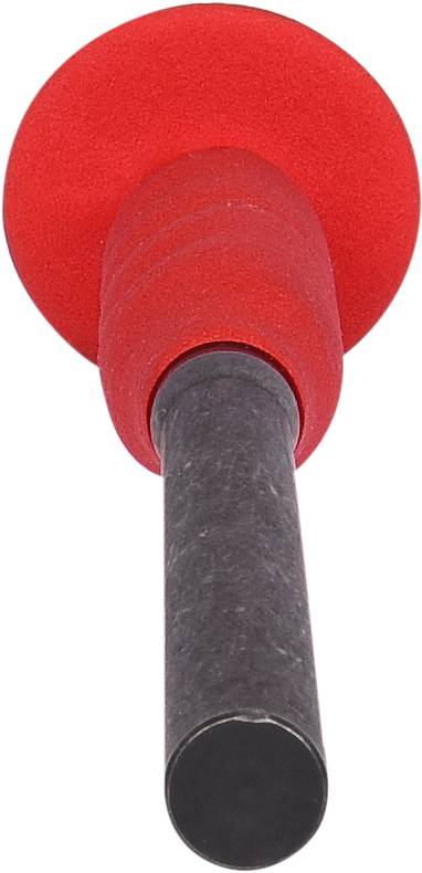 Poignée rouge en caoutchouc avec une tige cylindrique noire, probablement un outil ou une poignée pour un équipement sportif.