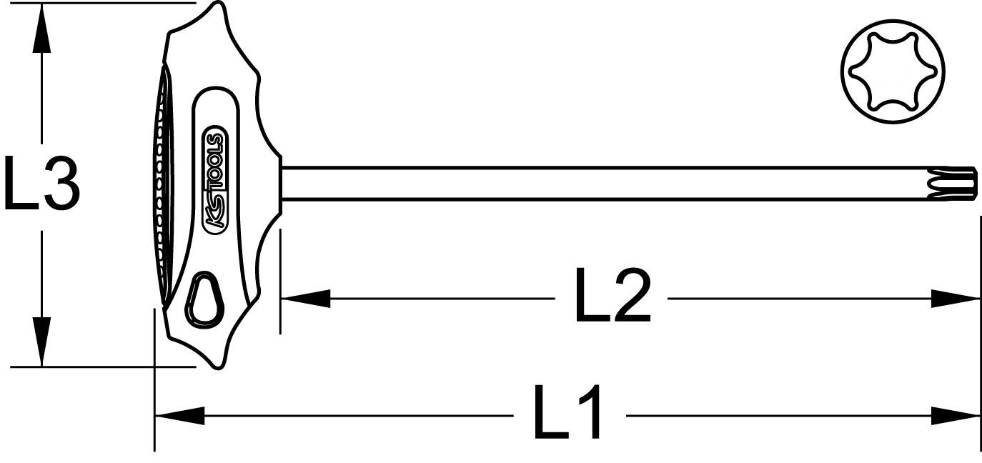 Illustration d'un tournevis Torx à poignée en T avec les dimensions L1, L2, L3. Détail de la poignée portant la marque 'KS Tools'.