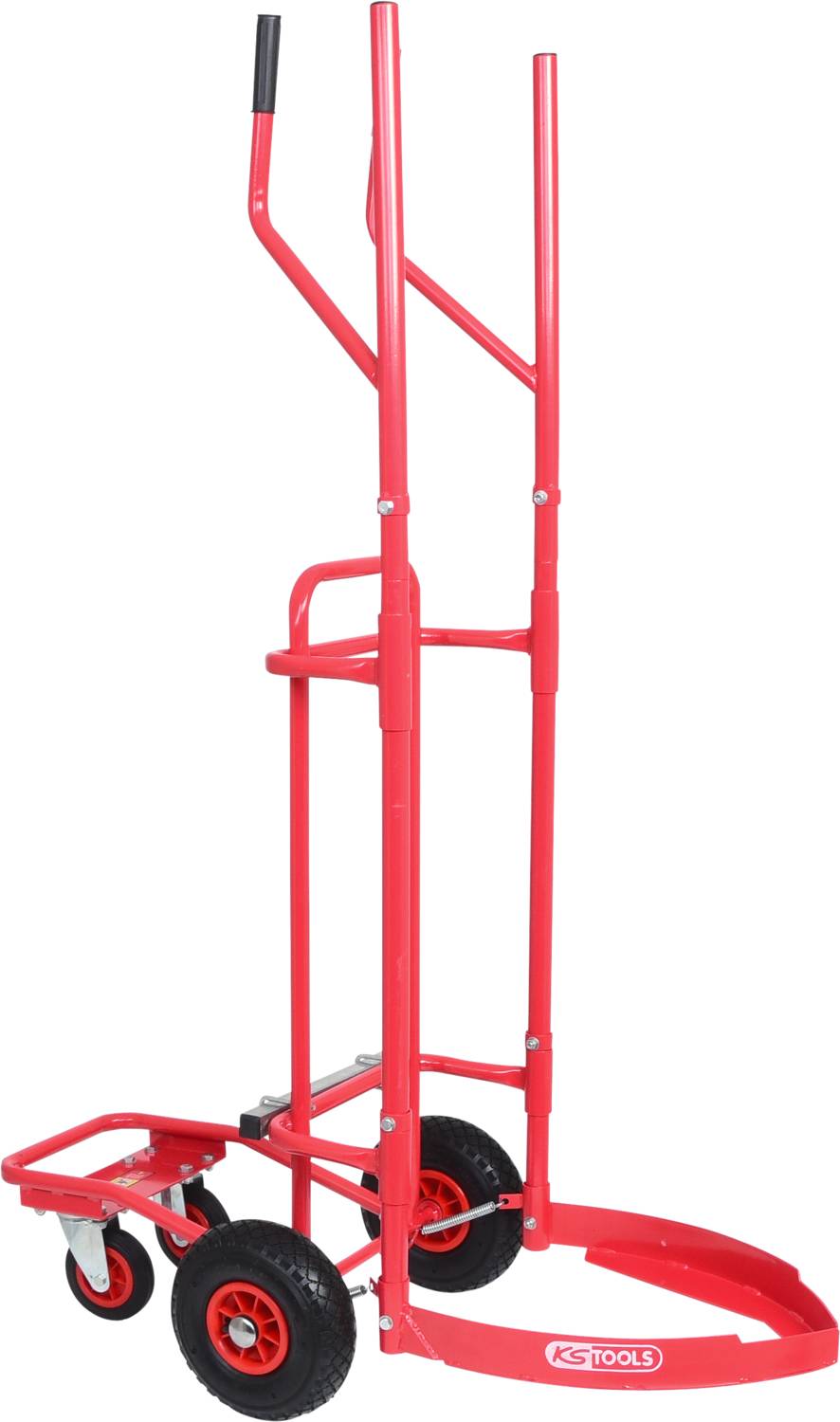 Brouette rouge à deux roues, adaptée au transport d'objets lourds, avec une poignée et une construction métallique robuste.