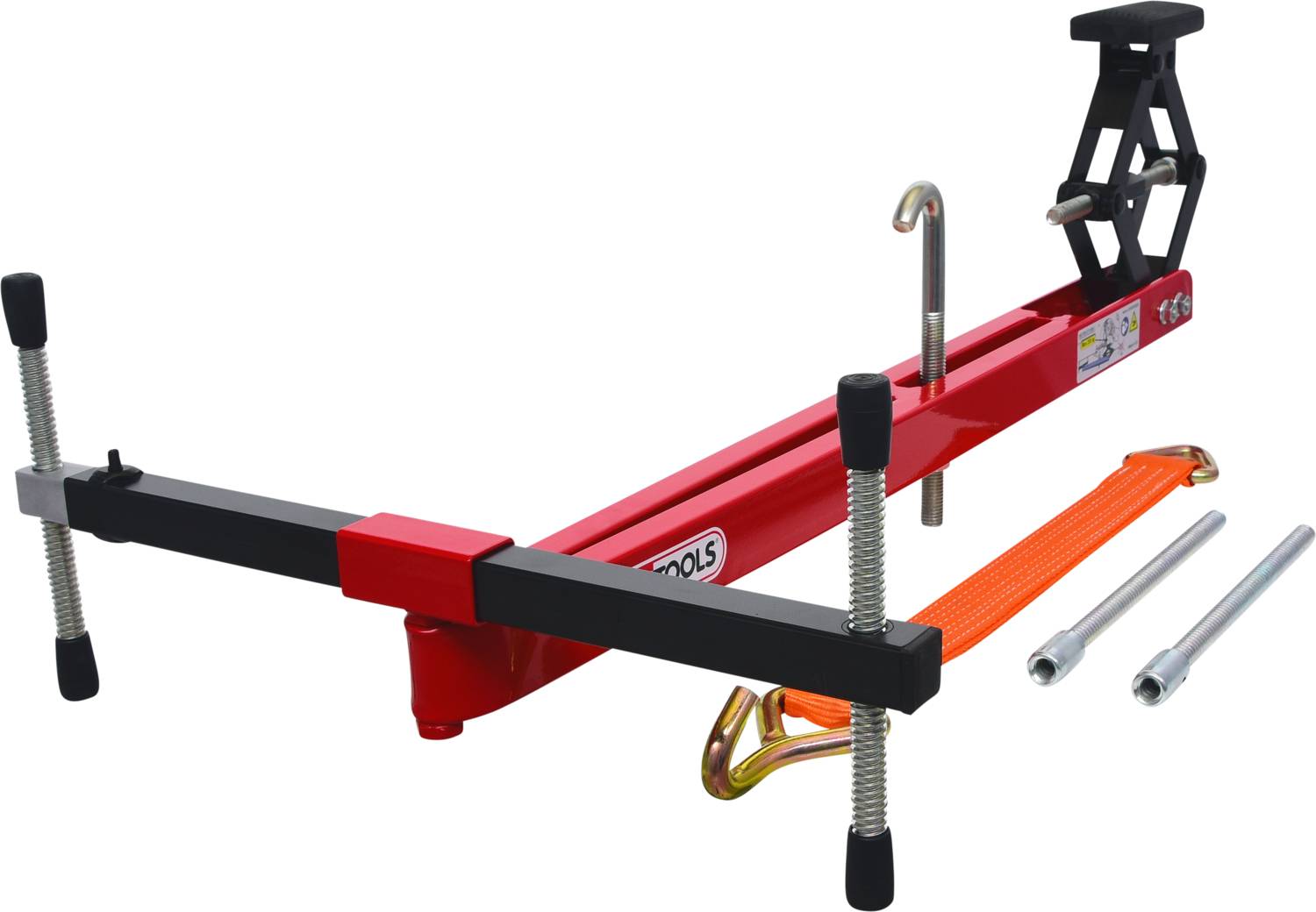 Grue motorisée rouge, composée d'un traverse, de tiges et d'un crochet, conçue pour assister lors de la réparation ou de la maintenance de moteurs.