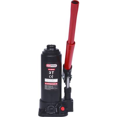 Cric hydraulique avec levier rouge, adapté pour soulever des voitures jusqu'à 3 tonnes.