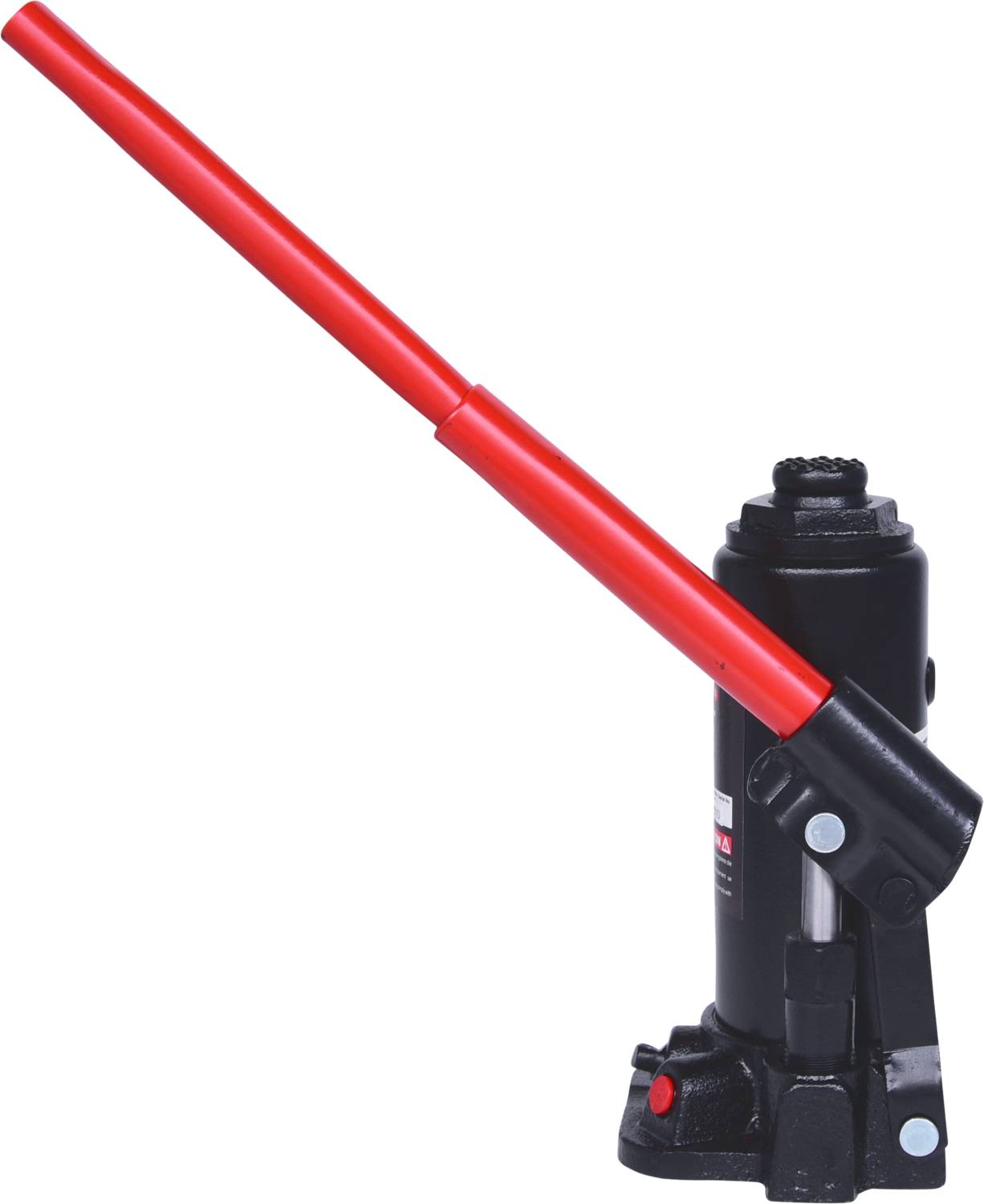 Un cric hydraulique noir avec un levier rouge, debout, utilisé pour soulever des objets lourds comme des voitures.