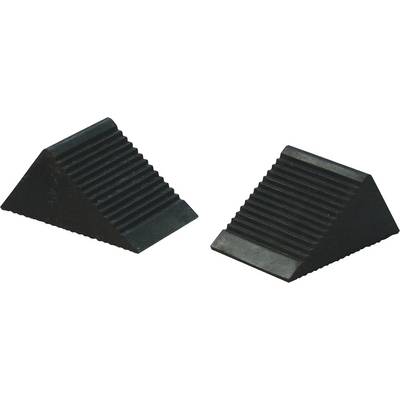 Deux cales en caoutchouc noir placées verticalement côte à côte, utilisées pour bloquer les roues d'un véhicule et empêcher tout déplacement involontaire.