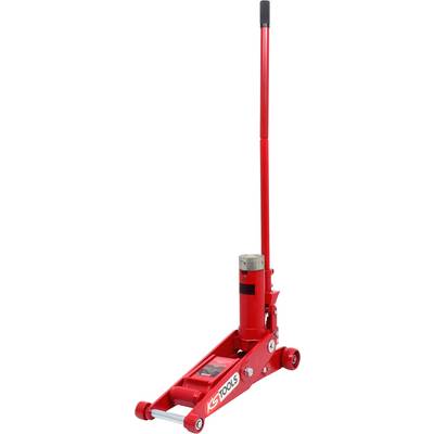 Cric hydraulique rouge avec levier, adapté pour soulever des véhicules lors de réparations ou d'entretien.