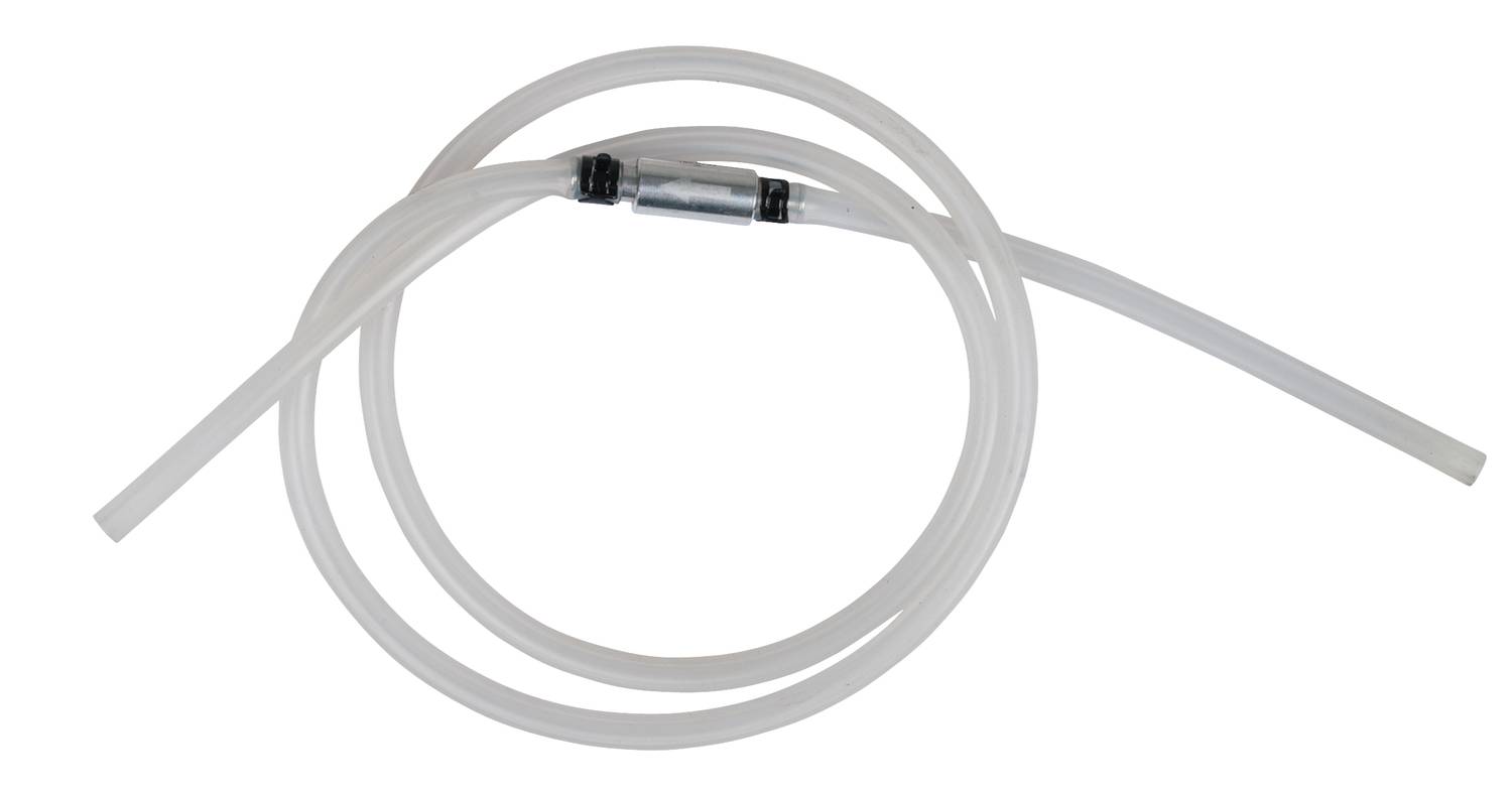 Un tube transparent en plastique avec une valve métallique au centre, enroulé en forme de boucle. Outil ou pièce de rechange pour différentes applications.