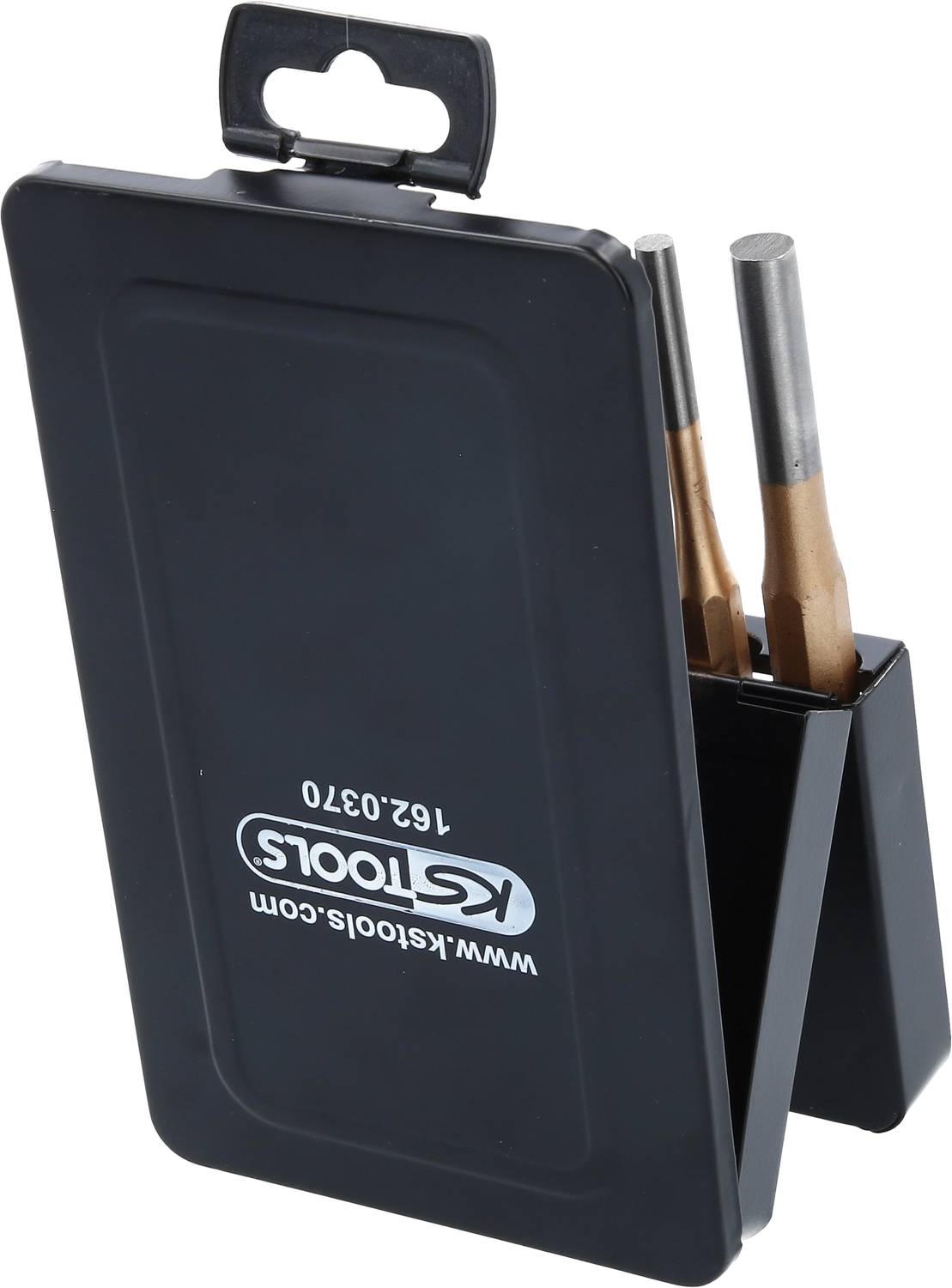 'KS Tools' Boîte métallique à outils, avec deux goupilles en acier. Design épuré, noir avec logo blanc. Rangement et transport d'outils.