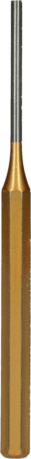 Un long objet métallique cylindrique avec une section étroite à l'extrémité supérieure et une section plus large à la base. Probablement un outil.