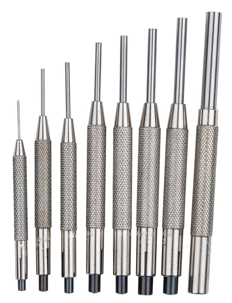 Une série de huit outils de poinçonnage en métal de différentes tailles, disposés côte à côte, avec des poignées striées.