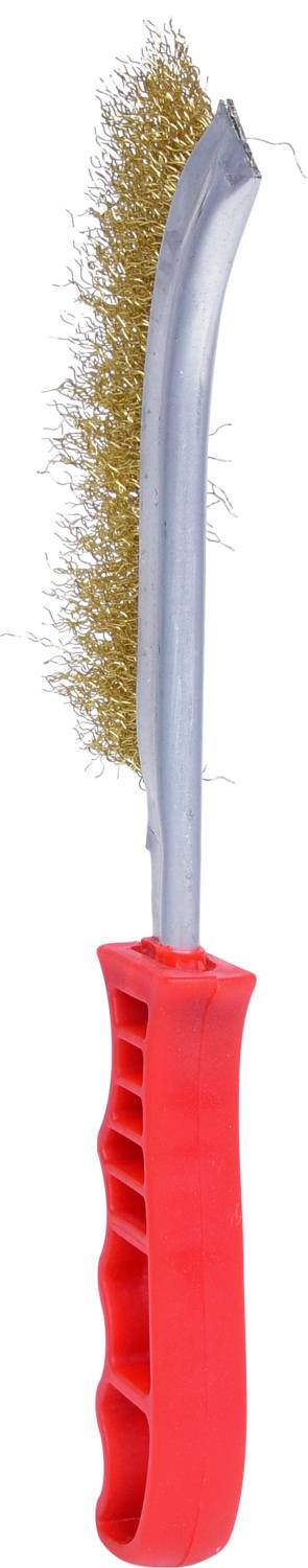 Brosse métallique avec manche rouge et tête métallique incurvée. Les poils sont en métal et présentent des traces visibles d'usure.