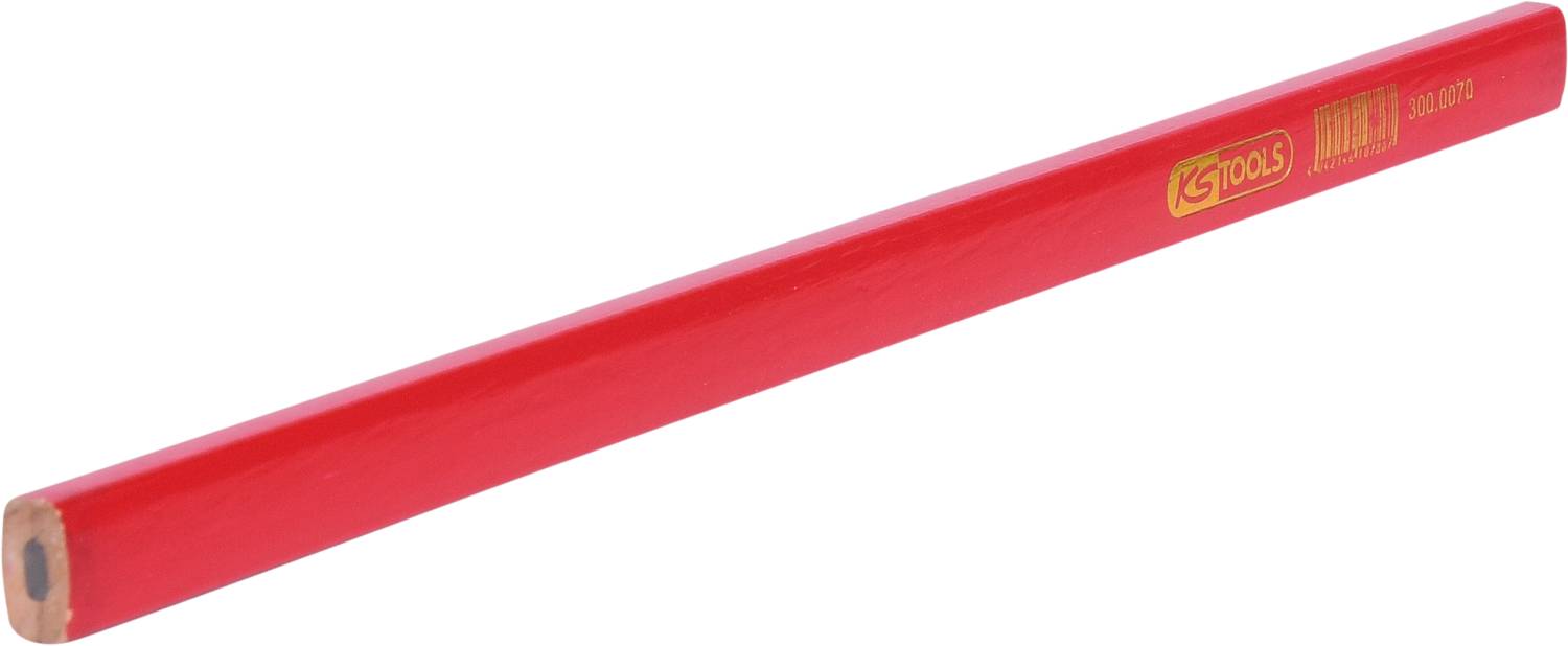 Crayon de charpentier rouge de la marque 'GTOOLS' avec l'inscription '580-07B'. Forme carrée, utilisé pour dessiner sur des surfaces en bois.